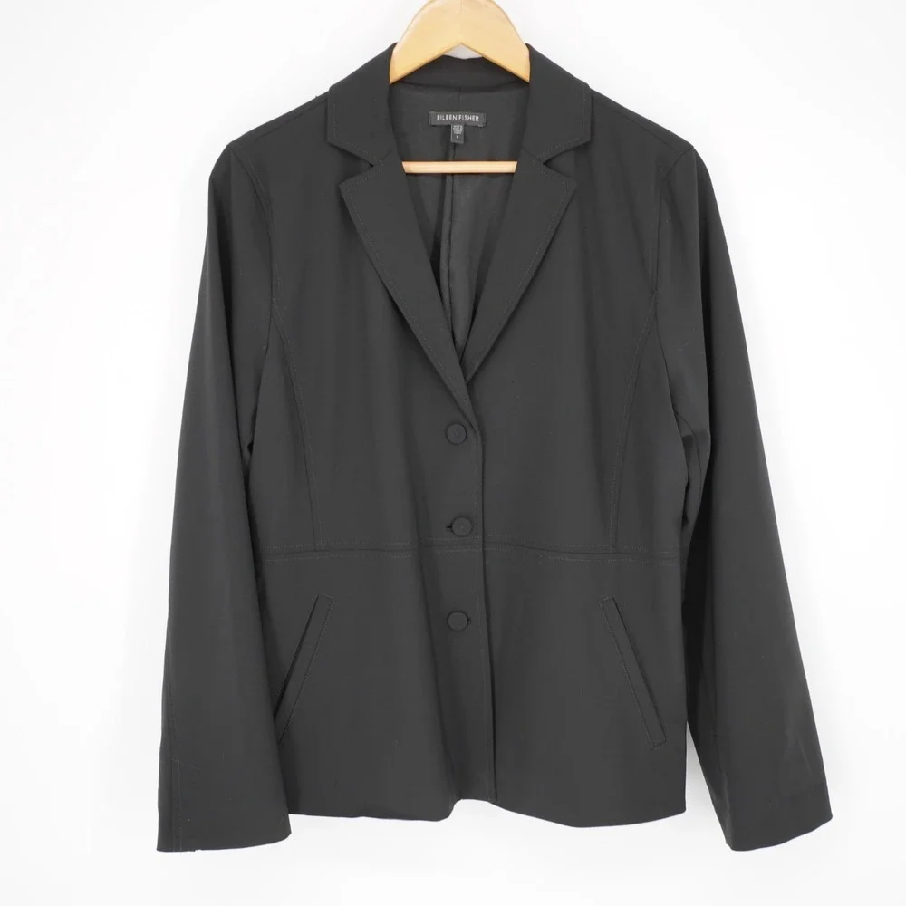 Eileen Fisher Wool Blazer Jacket Women L Black Minimalist Office Classic Stretch